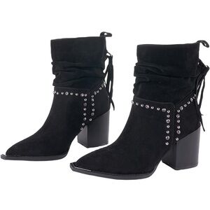 NWOT LALA IKAI Fringe Ankle Boots Block Heel Studded Suede Booties Rhinestones